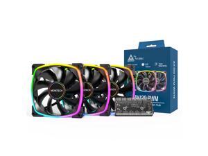 MONTECH AX 120MM - PWM Fan - Silent Performance - High Speed 1600PWM - High-End Durability with HDB Bearing - Stunning Outer Ring ARGB Lighting Design  3 in 1 Pack with 6X6 Fan Hub - Black
