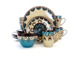 Elama Clay Heart 16 Piece Round Stoneware Dinnerware Set in Tan and Blue Elama Clay Heart 16 Piece Round Stoneware Dinnerware Set in Tan and Blue