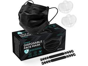 Levana Black Face Masks with 2 Mask Strap Extenders and 2 Inner Support Frames, Breathable 3 Layer Disposable Face Covering for Adults Indoor or Outdoor, Pack of 50 Levana Black Face Masks with 2 Mask Strap Extenders and 2 Inner Support Frames, Breathable 3 Layer Disposable Face Covering for Adults Indoor or Outdoor, Pack of 50