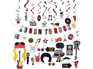 Rock and Roll Party Supplies Born to Rock Banner Hanging Swirls Photo Booth Props Music Theme Birthday 50s Party Decoration SUNBEAUTY (Black Red - Rock)