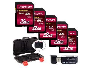 Transcend 32GB Premium Class 10 UHS-I 400X SDHC Memory Card (5-Pack) + Memory Card Hard Case + Hi-Speed SD USB Card Reader