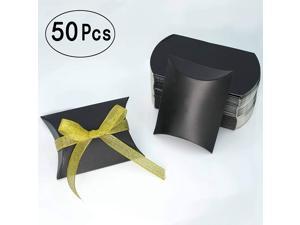Black Kraft Paper Pillow Box Candy Treat Box Kit Gift Boxes with Gold Ribbon Wedding Favors Baby Shower Birthday Graduation Party Thank You Boxes Supplies, 50pc
