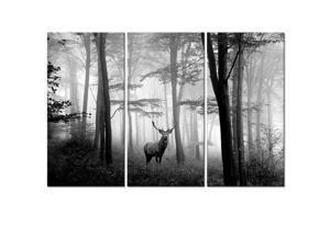 Welmeco 3 Pieces Animals Wall Decor Black and White Deer in Autumn Forest Canvas Prints Artwork for Home Office Nature Scenery Living Room Bedroom Decoration (L-48"XH-32")