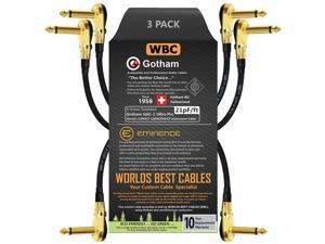 3 Units - 10 Inch - Gotham GAC-1 Ultra Pro - Low-Cap (21pF/ft) Guitar Bass Effects Instrument, Patch Cable & Gold (6.35mm) Low-Profile R/A Pancake Type Connectors - Custom Made by WORLDS BEST CABLES