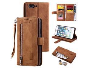 Zell Wallet Case For Iphone 7 Plus Iphone 8 Plus Retro 9 Card Slots Zipper Pocket Handbag Case Pu Leather Magnetic Closure Kickstand With Wrist Strap Tpu Flip Case  Brown