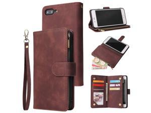 Zell Wallet Case For Iphone 7 Plus Iphone 8 Plus Premium Vintage Pu Leather Magnetic Closure Handbag Zipper Pocket Case Kickstand Card Holder Slots With Wrist Strap Tpu Shockproof Flip CoverCoffee