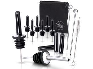 Chefast Liquor Bottle Pourers Set: Combo Kit of 8 Stainless Steel Pour Spouts, 10 Long Dust Caps, 2 Cocktail Picks, Brush and Storage Bag - Metal Toppers for Alcohol Bottles, Olive Oil and More