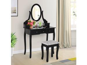 Modern Vanity Dressing Table Stool Set Rotatable Mirror 5 Drawers Black Modern Vanity Dressing Table Stool Set Rotatable Mirror 5 Drawers Black