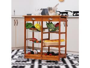 Rolling Kitchen Trolley Cart 4 Tier w/ Wine Rack 2 Drawers Basket Wood Rolling Kitchen Trolley Cart 4 Tier w/ Wine Rack 2 Drawers Basket Wood