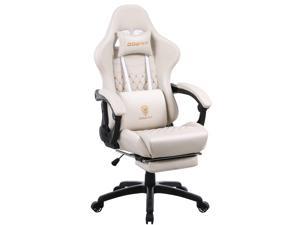 DOWINX Gaming Chair Office Desk Chair with Massage Lumbar Support Type, Vintage Style Armchair PU Leather E-Sports Gamer Chairs with Retractable Footrest (Ivory)