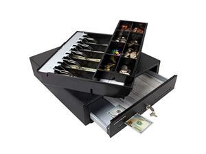 Cash Register Drawer for Point of Sale (POS) System with Fully Removable 2 Tier Cash Tray, 5 Bill/8 Coin, 24V, RJ11/RJ12 Key-Lock, Double Media Slot, Black (CD-5B-R)