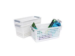 Honla Slim Plastic Storage Baskets Bins Organizer with Gray Handles,Set of 3,White Honla Slim Plastic Storage Baskets Bins Organizer with Gray Handles,Set of 3,White