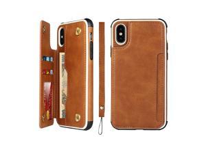 iCoverCase iPhone Xs Wallet Case iPhone X Case with Card Slots Holder and Wrist Strap Premium PU Leather Kickstand Double Magnetic Clasp Shockproof Flip Folio Cover with Lanyard Khaki