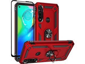 Dretal Moto G Power Case with Tempered Glass Screen Protector, Military Grade Shockproof Protective Case Cover with Rotating Holder Kickstand for Motorola Moto G Power 2020 (Red)