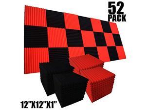 52 Pack 1" x 12" x 12" Black/red Acoustic Wedge Studio Foam Sound Absorption Wall Panels (BLACK/RED)