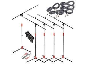 GRIFFIN Microphone Stand (Pack of 5) with XLR Cables & Mic Clip | Telescoping Boom Arm Tripod Legs for Studio Recording Accessories, Singing Vocal Karaoke, DJ Live Stage | 20ft Pro Audio Mic Cord Wire