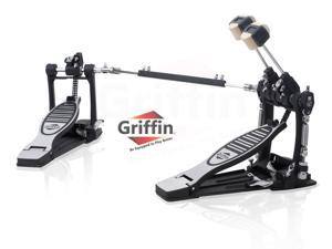 Deluxe Double Kick Drum Pedal for Bass Drum by GRIFFIN | Twin Set Foot Pedal | Quad Sided Beater Heads | Dual Pedal Two Chain Drive Percussion Hardware | Impressive Response for Metal & Rock Drummers