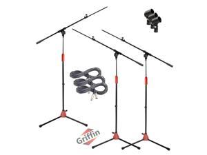 Microphone Boom Stand with XLR Mic Cable & Clip (Pack of 3) by GRIFFIN | Telescoping Arm Tripod Legs for Studio Recording Accessories, Singing Vocal Karaoke, Live Stage | 20ft Pro Audio Mic Cord Wire