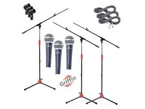 GRIFFIN Microphone Boom Stand & Cardioid Wired Mic, XLR Cable, & Clip (Pack of 3) | Telescoping Arm Holder, Tripod Legs | Karaoke Vocal Singing Microphone | Home Recording Studio Streaming Accessories