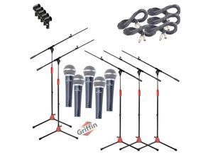 GRIFFIN Microphone Stand Package of 5 with Vocal Unidirectional Mics & XLR Cables | Handheld Cardioid Dynamic Microphones for Home Studio Recording, DJ Live Streaming & Stage Singing | 20FT XLR Cords