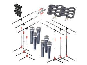 Microphone Boom Stand (GRIFFIN 6 Pack) with Cardioid Vocal Microphones & XLR Mic Cables | Karaoke Holder & Tripod Mount | Handheld Unidirectional Singing Mics for Music Home Studio Recording Streaming
