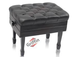 Genuine Leather Adjustable Piano Bench by GRIFFIN | Black Solid Wood Vintage Style & Heavy-Duty Ergonomic Keyboard Stool | Cushion Seat With Storage Space | Home Vanity Bench or Musicians Guitar Chair