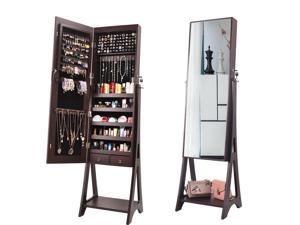 New Large Mirror Jewelry Cabinet Armoire w/ Key LED Light Drawers Freestanding