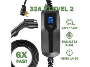 Type 1 EV Portable Car Charger SAE J1772 Standard Level 2 Charging Cable EV Charger with Nema 14-50 Plug Electric Car Waterproof Charging Box EVSE, 32A/25Ft