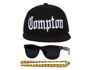 Compton 80s Rapper Costume Kit Flat Bill Hat w Sunglasses, Chain - Black
