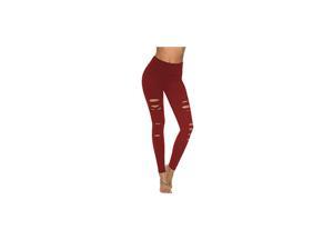 Womens High Waist Yoga Pants Cutout Ripped Tummy Control Workout Running Yoga Skinny Leggings Red L