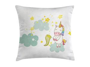 Unicorn Throw Pillow Cushion Cover Baby Mystic Unicorn Girl Sitting on Fluffy Clouds and Hunting Nursery Image Print Decorative Square Accent Pillow Case 16quot X 16quot Green Yellow
