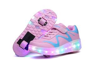 Unisex Kids LED Roller Skate Shoes with Wheels LED Light up Shoes Luminous Double Wheel Trainers Technical Skateboarding Shoes Outdoor Sports Gymnastics Sneakers for Boys Girls 
