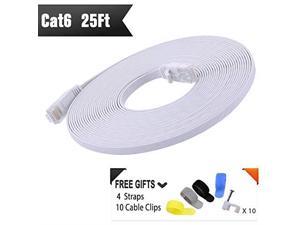 Cat 6 Ethernet Cable 25ft White at a Cat5e Price but Higher Bandwidth Flat Internet Network Cable Support 1Gbps 250Mhz Computer Cable Snagless RJ45 Connector + Free Clips and Straps