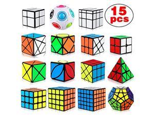 Speed Cube Set 15 Pack Cube Bundle 2x2 3x3 4x4 5x5 Megaminx Pyramid Skew Ivy Windmill Fisher Axis Dino Mirror Cube Magic Rainbow Ball Sticker Cube Puzzle Collection for Kids