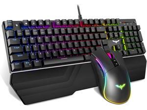 Mechanical Keyboard and Mouse Combo RGB Gaming 104 Keys Blue Switches Wired USB Keyboards with Detachable Wrist Rest, Programmable Gaming Mouse for PC Gamer Computer Desktop (Black)
