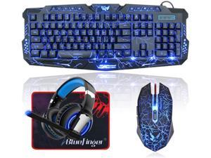 LED Gaming Keyboard Mouse Headset Combo,USB Wired 3 Color Crack Backlit Keyboard,Blue LED Light Gaming Headset,Gaming Keyboard Set for Laptop PC Computer Game Work