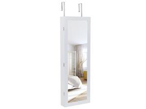 Non Full Mirror Wooden Wall Mounted 4-Layer Shelf, 2 Drawers, 8 Blue LED Lights, Jewelry Storage Mirror Cabinet - White