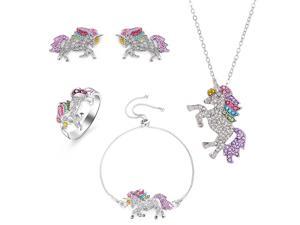 Unicorn Jewelry Set Rainbow Rhinestone Crystal Necklace, Bracelet, Earring,Ring