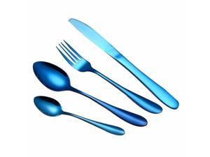 4Pcs Flatware Rainbow Dinnerware Stainless Steel Tableware Set Fork Spoon Knife(Blue)