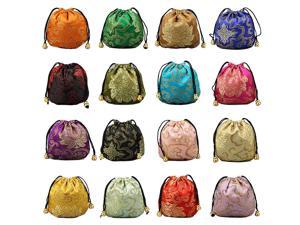 Silk Brocade Jewelry Pouch Bag Drawstring Coin Purse Gift Bag Value Set( 16 Pouches)