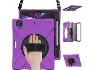 iPad Pro 12.9 Case 2021 5th Generation, Shockproof Rugged Drop Protection Cover with Pencil Holder and Rotating Kickstand Hand Strap / Shoulder Strap For iPad Pro 12.9 inch 2021 Purple
