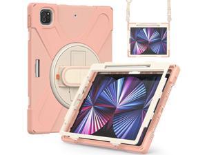 iPad Pro 12.9 Case 2021 5th Generation, Shockproof Rugged Drop Protection Cover with Pencil Holder and Rotating Kickstand Hand Strap / Shoulder Strap For iPad Pro 12.9 inch 2021 Rose Gold