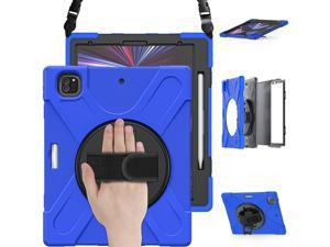 iPad Pro 12.9 Case 2021 5th Generation, Shockproof Rugged Drop Protection Cover with Pencil Holder and Rotating Kickstand Hand Strap / Shoulder Strap For iPad Pro 12.9 inch 2021 Blue