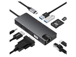USB C Hub,, 9-in-1 Type-C Docking Station Hub Type C to 2 x USB 3.0, 4K HD HDMI VGA RJ45 Gigabit Network SD Card Slot With 3.5mm Audio Jack Adapter Compatible Apple MacBook Pro 13/15 (Thunderbolt 3)