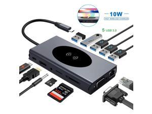 USB C Hub Multiport Adapter, 13 in 1 Type C Docking Station with Ethernet/Wireless Charge/4K HDMI Output/USB 3.0 Ports/60W PD/SD TF Card Reader for MacBook Pro