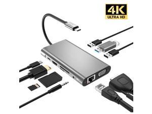 10in1USB C Hub,USB C Adapter, EUASOO 10 in Type C hub with 1000M RJ45 Ethernet, 4K HDMI, VGA, USB 3.0 Ports, PD 2.0 Charging Port, Card Reader, Audio Mic Port,Compatible for MacBook, Chromebook More
