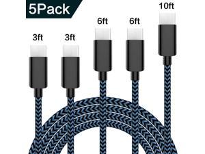 USB Type C Cable 5Pack (3/3/6/6/10FT) Nylon Braided USB C Cable Fast Charger Charging Cord Compatible Samsung Galaxy S9 S8 Note 9 Note 8 Plus,LG V30 G6 G5 V20,Google Pixel, Moto Z2 (Blue)