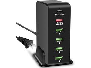 Multiple USB Charging Station, 6 Port Multi USB Charger Station with 20W PD+18W QC3.0,Multiport USB Charging Hub with Auto Detect Technology for iPhone,iPad Tablets and More (Black)