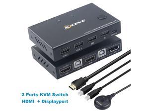 2 Ports Displayport HDMI KVM Switch Box USB Displayport and HDMI KVM Switcher for 2 Computers Sharing One HD Monitor and 4 USB Devices Keyboard Mouse Printer with DP to HD MI Adapter Function