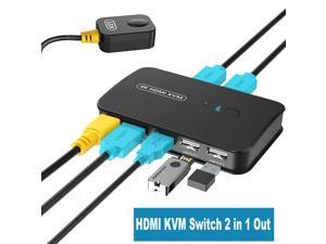 2 Port 4K HDMI KVM Switch Box USB and HDMI KVM Switch for 2 Computers Share Keyboard Mouse Printer and one HD Monitor Support UHD 4K 30Hz with Remote Controller and 2 HDTV KVM Cables